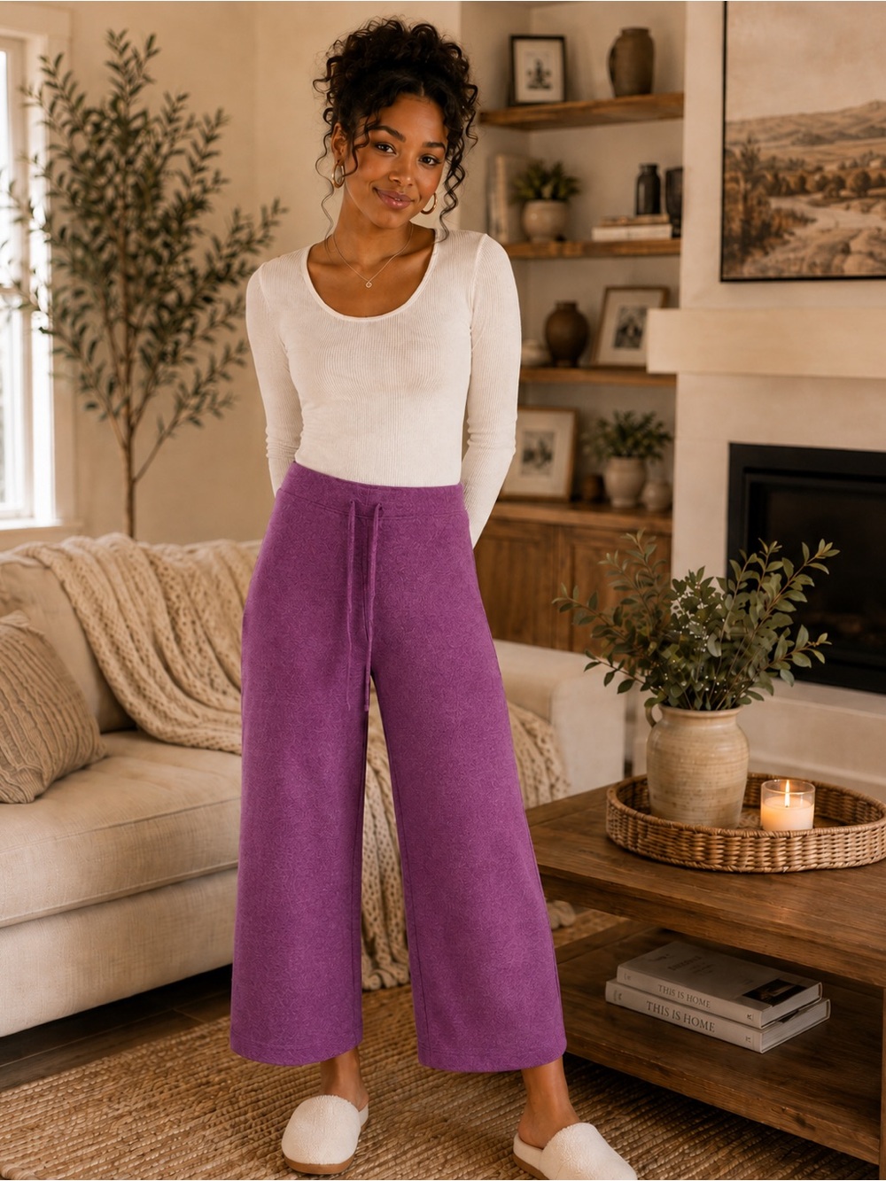 Zenana Brushed Hacci Lounge Pants- LT Plum